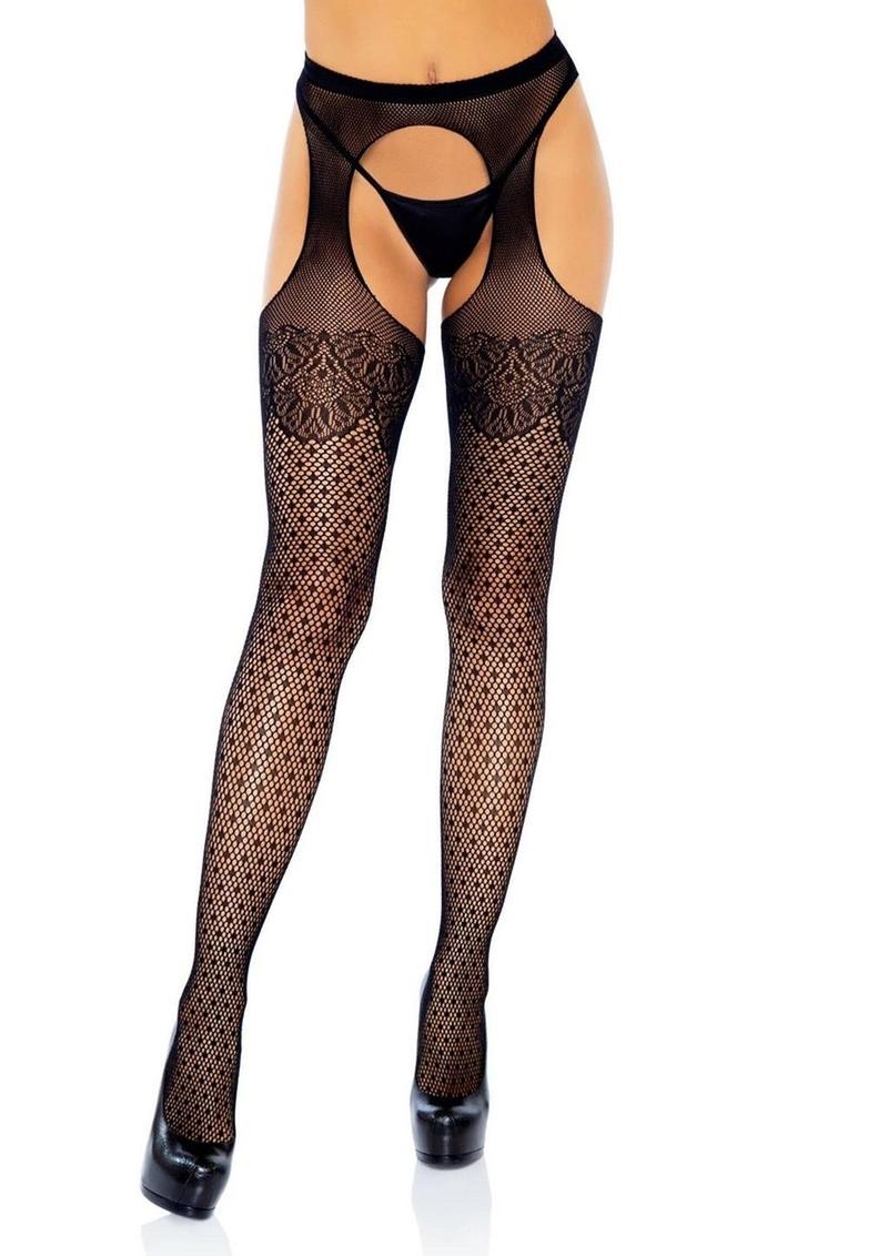 Polka Dot Fishnet Suspender Hose with Lace Top and Cuban Heel