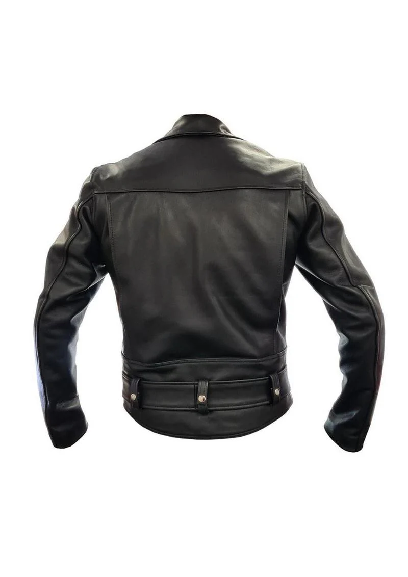 Prowler Red Police Leather Jacket Classic Black Biker Style with Belt - Image 2