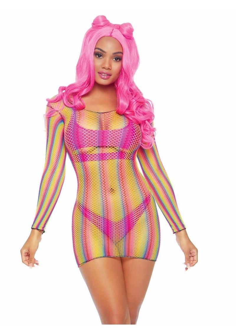 Rainbow Fishnet Long Sleeve Mini Dress - Image 3