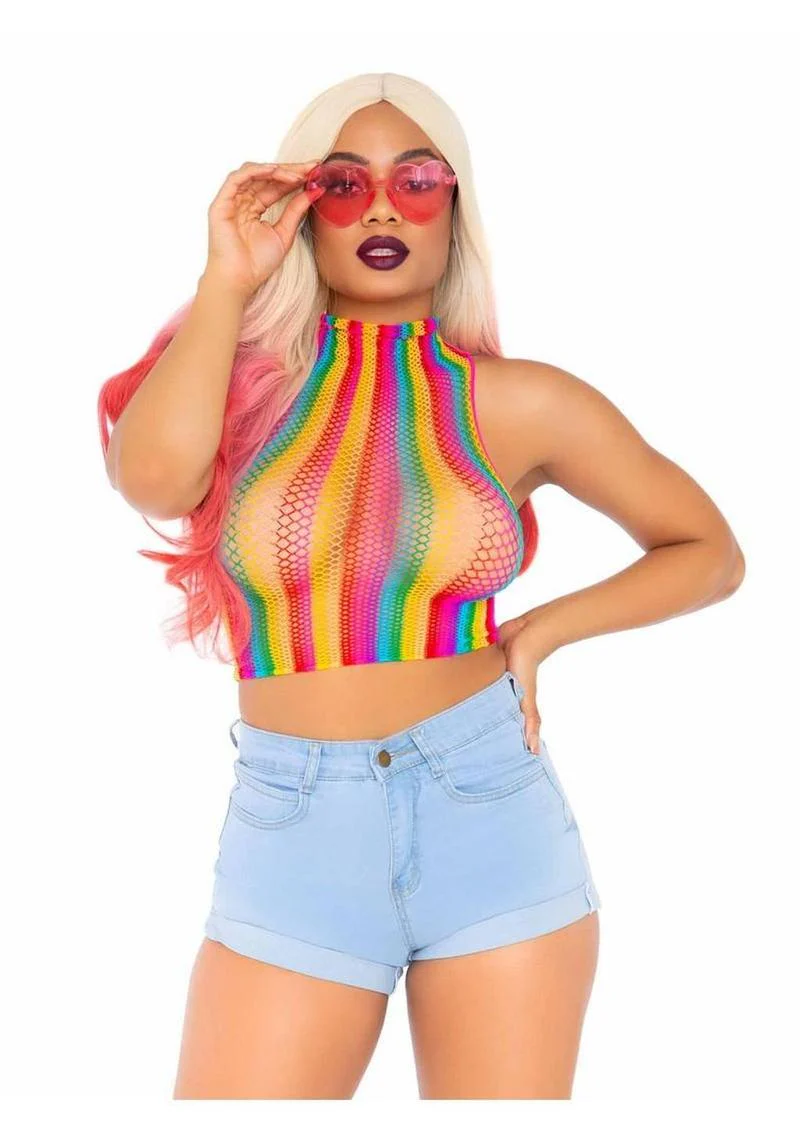 Rainbow Net High Neck Crop Top