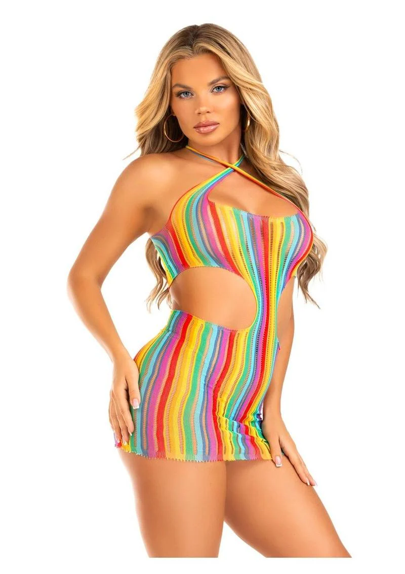 Rainbow Stripe Cross-Over Halter Mini Dress - Image 2