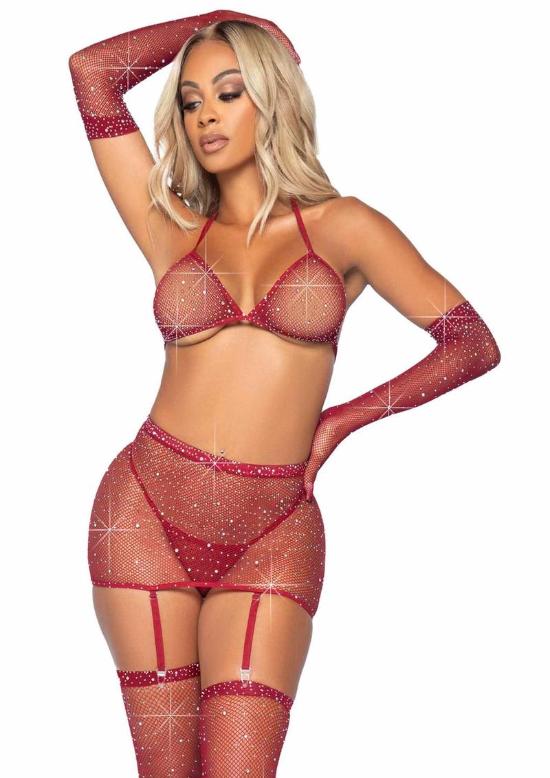 Rhinestone Fishnet Garter Skirt Set - Image 19