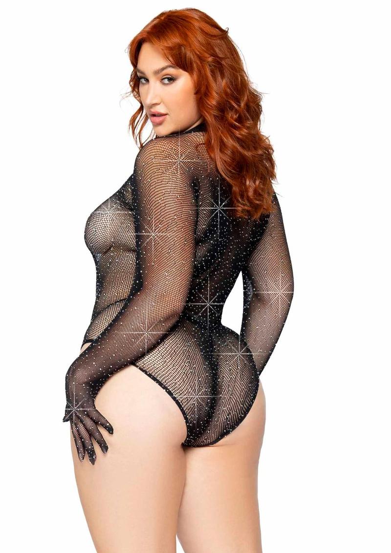 Rhinestone Fishnet Gloved Bodysuit with Snap Crotch - Image 2