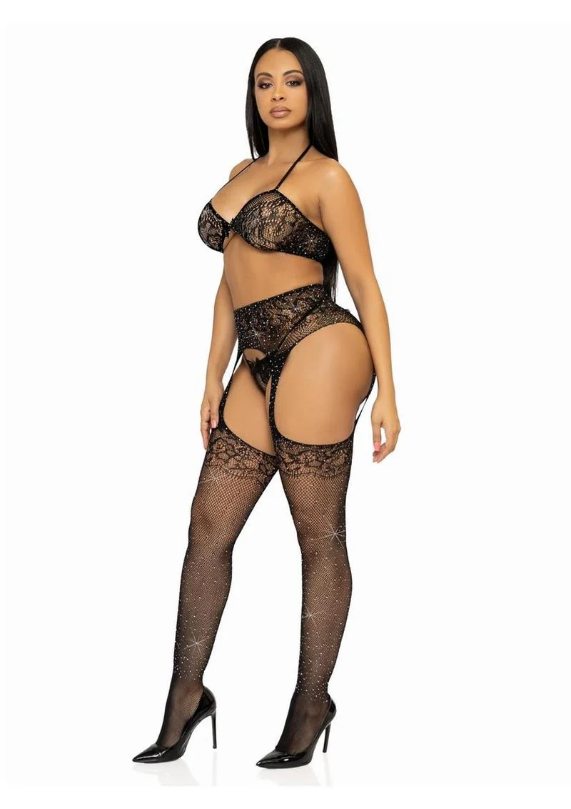 Rhinestone Lace Bra Top, G-String And Garter Belt Set - Image 3