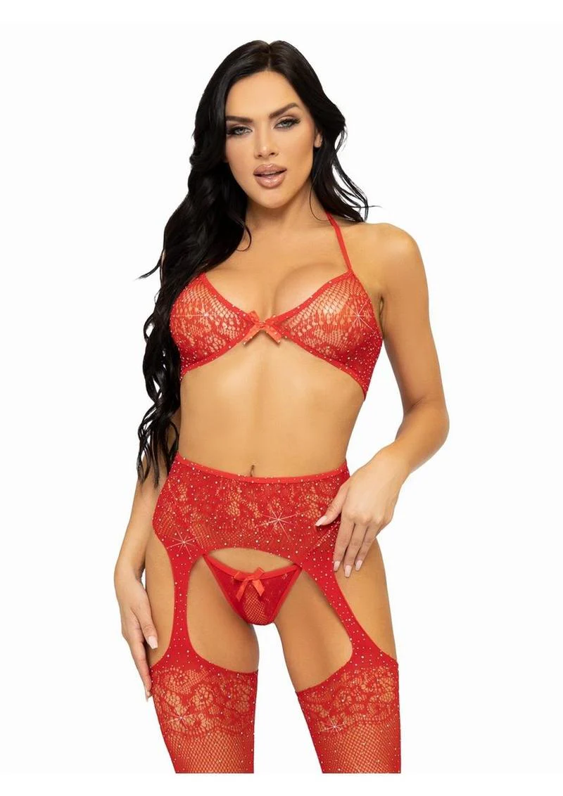 Rhinestone Lace Bra Top, G-String And Garter Belt Set - Image 5