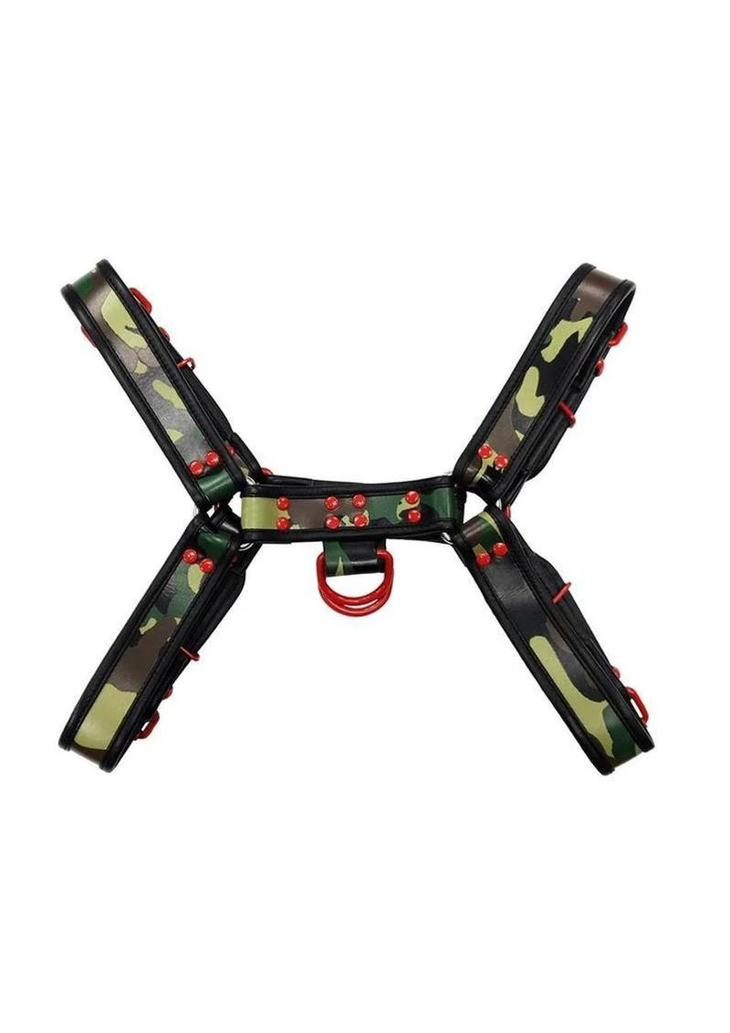 Rouge Camo Leather Body Harness with Red Hardware Adjustable Fit - Image 2