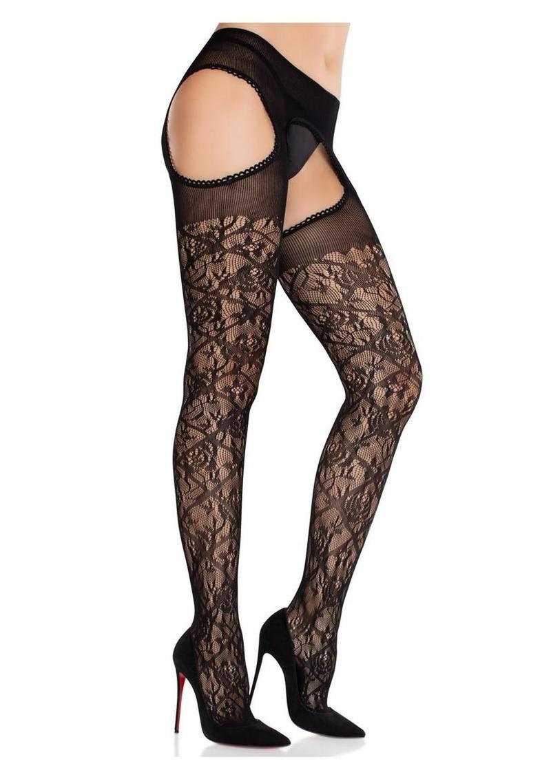 Scalloped Trim Cross Hatch Floral Lace Suspender Hose - Image 2