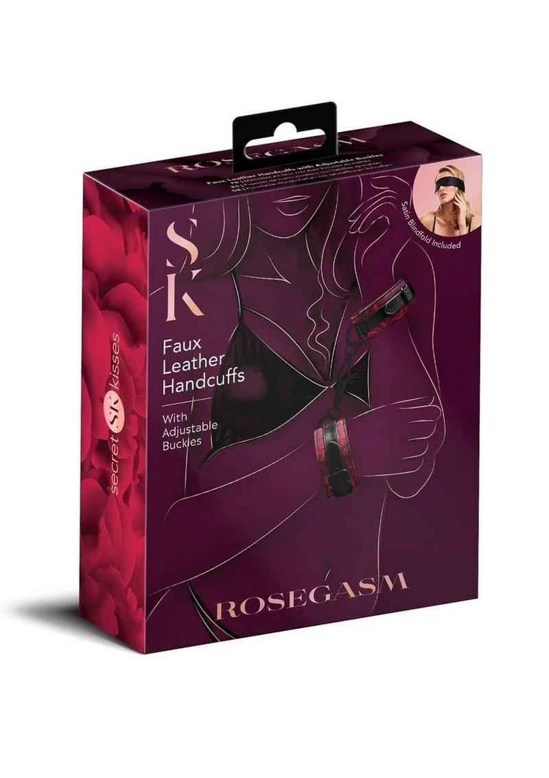 Secret Kisses Rosegasm Faux Leather Handcuffs and Satin Blindfold - Image 3