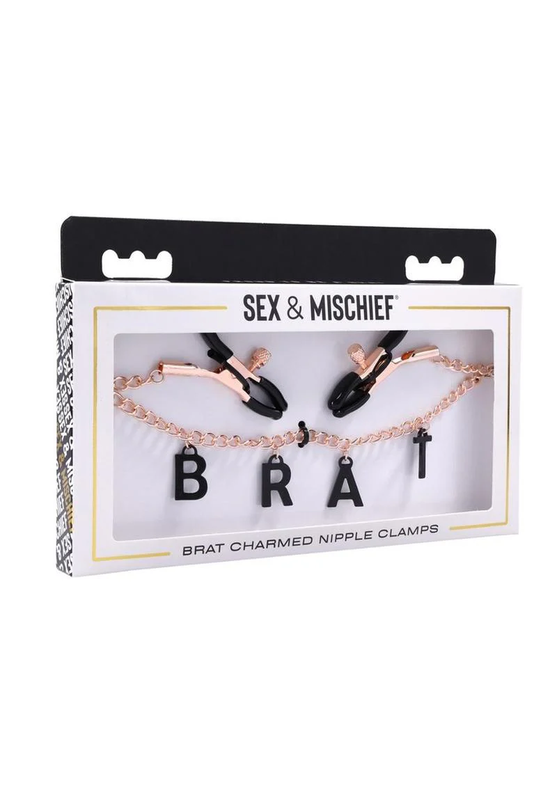 Sex And Mischief Brat Charmed Nipple Clamps Gold And Black with Chain - Image 4