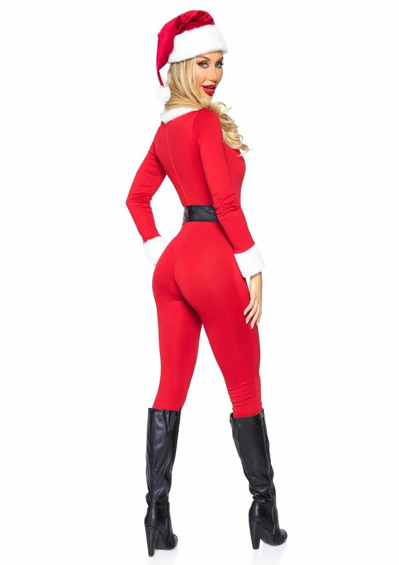 Spandex Jumpsuit with Fur Trim, Belt and Santa Hat - Image 10
