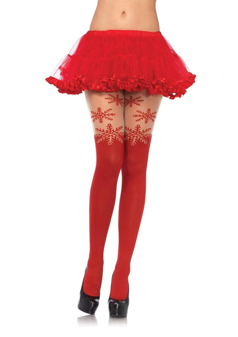 Spandex Snowflake Opaque Pantyhose with Sheer Thigh Accent
