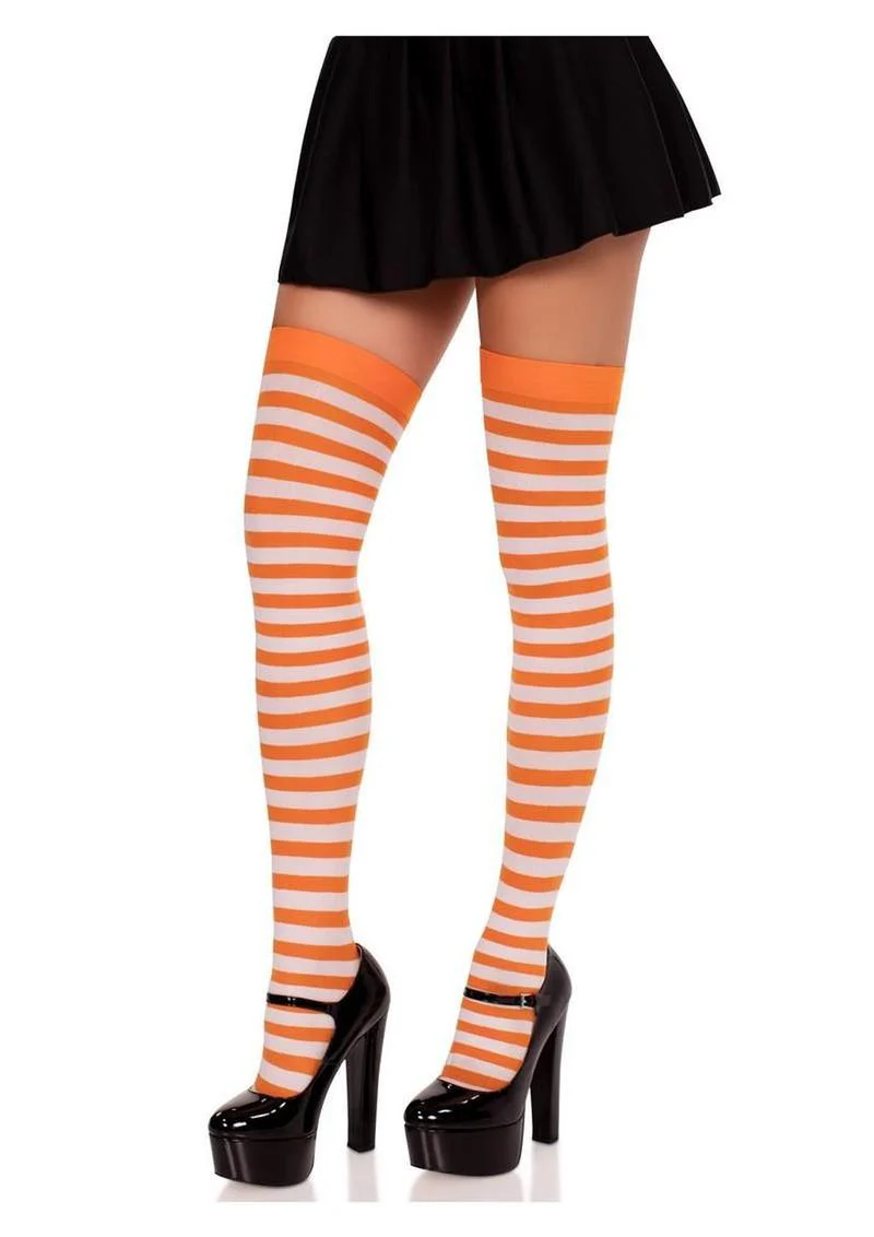 Striped Nylon Thigh High Stockings - Image 8