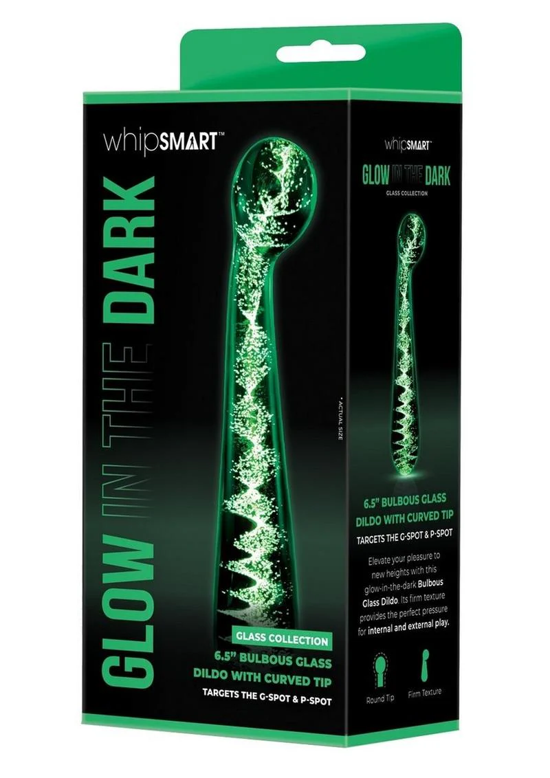 WhipSmart Glow in the Dark Bulbous Glass Dildo with Curved Tip - Image 3