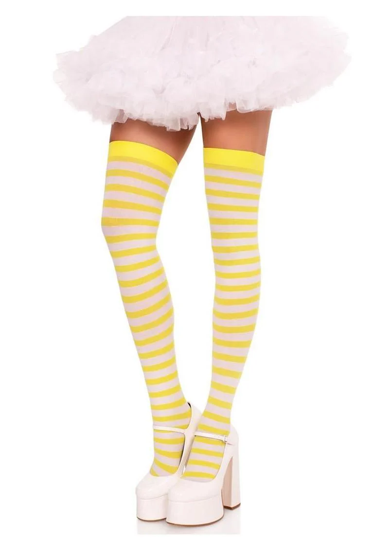White With Yellow Striped Nylon Thigh High Stockings - Image 2