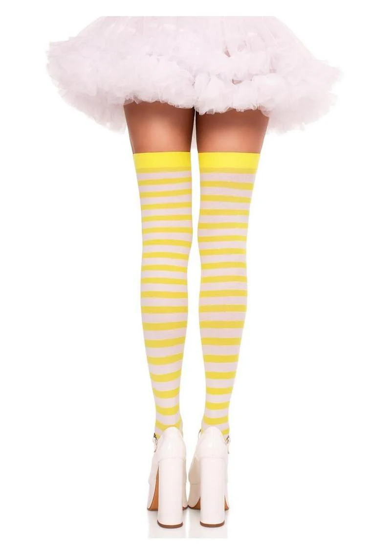 White With Yellow Striped Nylon Thigh High Stockings - Image 3