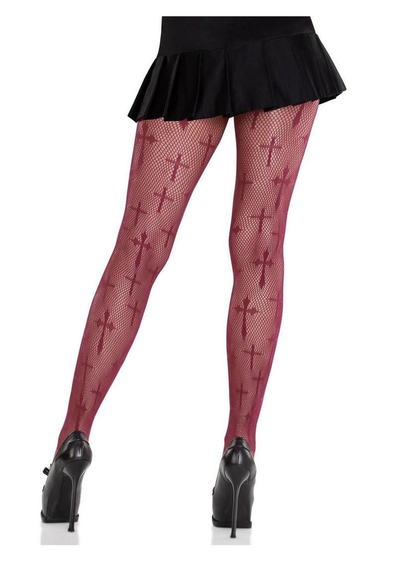 Worship Me Burgundy Cross Net Tights - Image 3