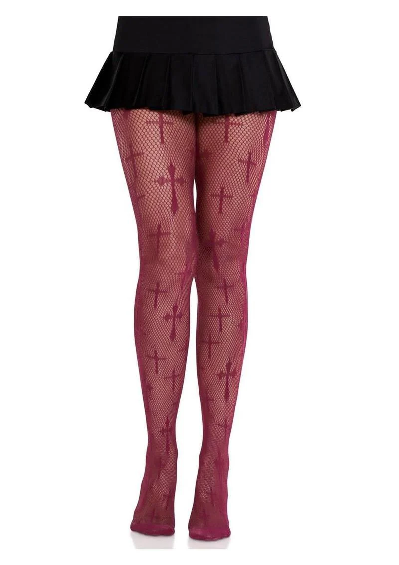 Worship Me Burgundy Cross Net Tights - Image 4