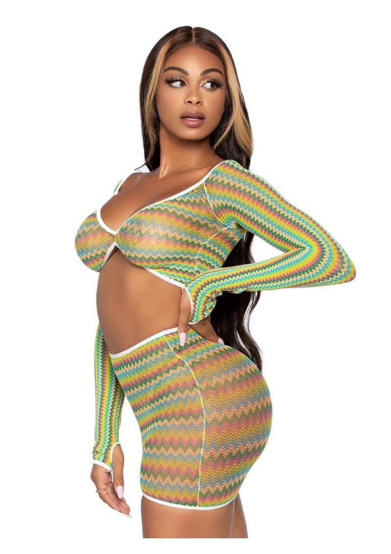 Zig Zag Net Gauntlet Sleeve Crop Top and Mini Skirt - Image 3